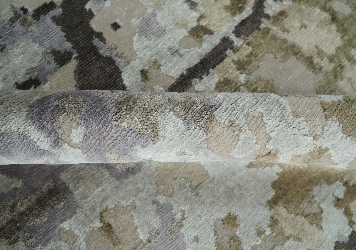 Premium Hand knotted Camel, Silver, Olive and Charcoal modern Abstract wool and Silk Blended 8x10 Area Rug