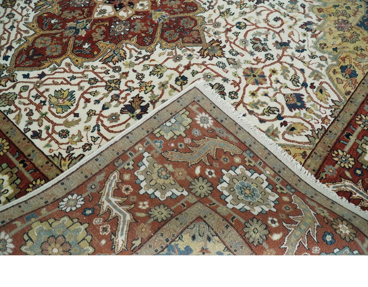 Premium Look Ivory, Rust and Gold 8x10 Hand knotted Traditional Wool Area Rug