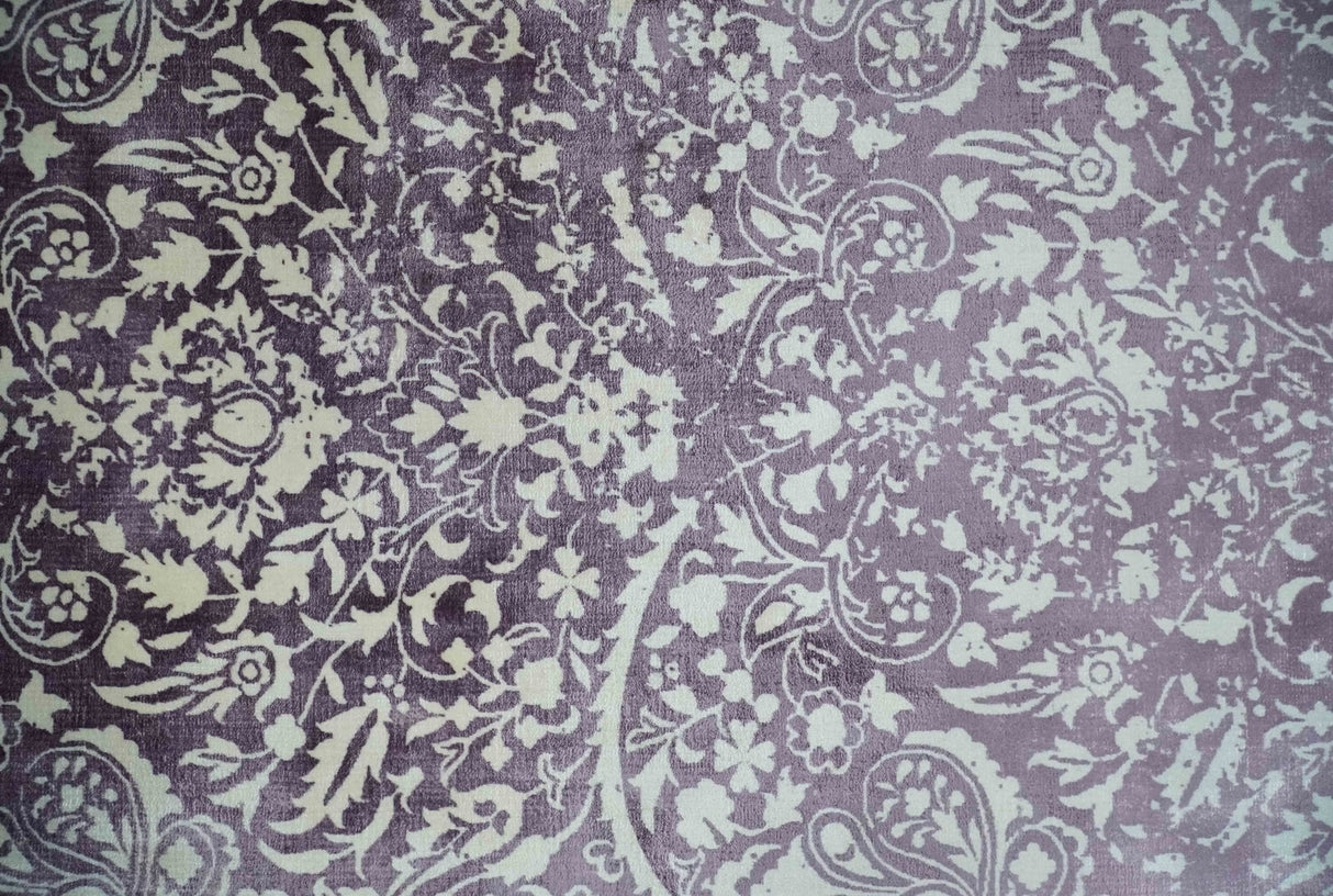 Premium Style Floral Ivory and Dark Purple 5.6x8 Handloom Wool and Viscose Area Rug
