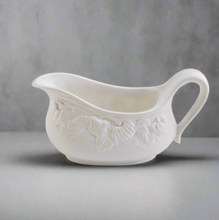 Pumpkin-Leaf-Gravy-Boat,-White-Embossed-Pumpkin-Fall-Harvest-Fall-Decor