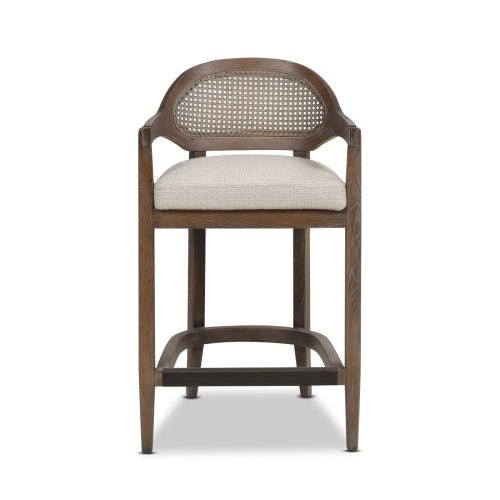 Pyrla 26" Upholstered Counter Stool with Curved Cane Back and Wood Legs
