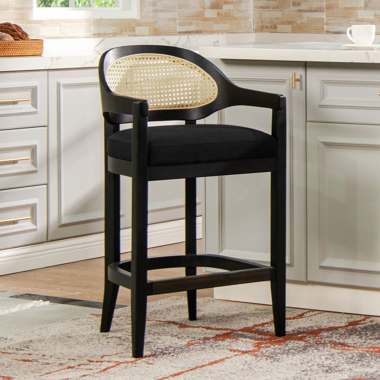 Pyrla 26" Upholstered Counter Stool with Curved Cane Back and Wood Legs - Counter Stools