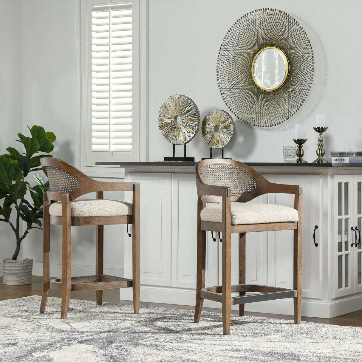 Pyrla 26" Upholstered Counter Stool with Curved Cane Back and Wood Legs