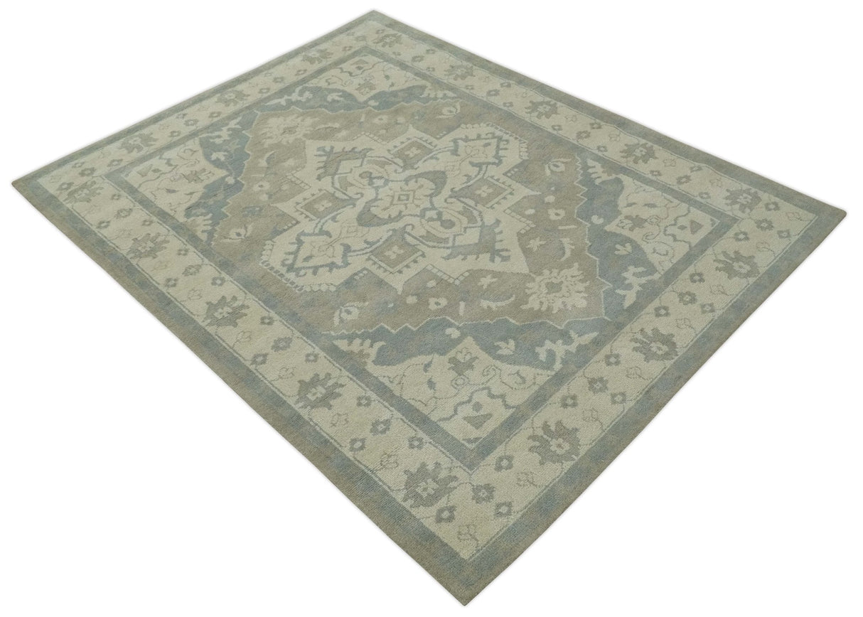 Quick Ship 10x14 Hand Knotted Medallion Beige and Charcoal Wool Area Rug