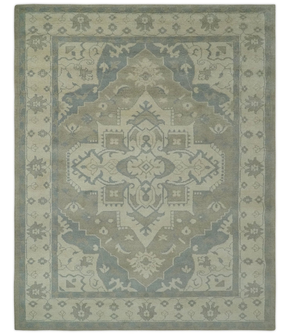 Quick Ship 10x14 Hand Knotted Medallion Beige and Charcoal Wool Area Rug