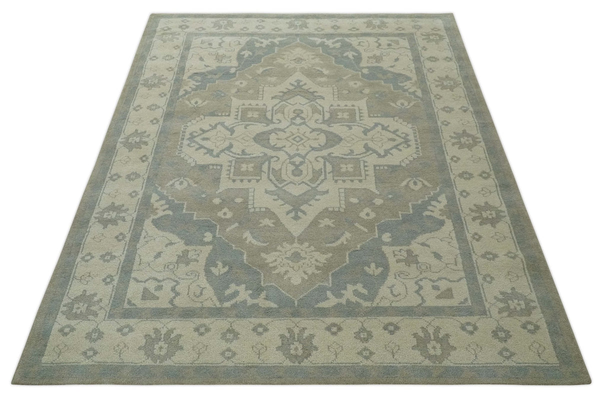 Quick Ship 10x14 Hand Knotted Medallion Beige and Charcoal Wool Area Rug