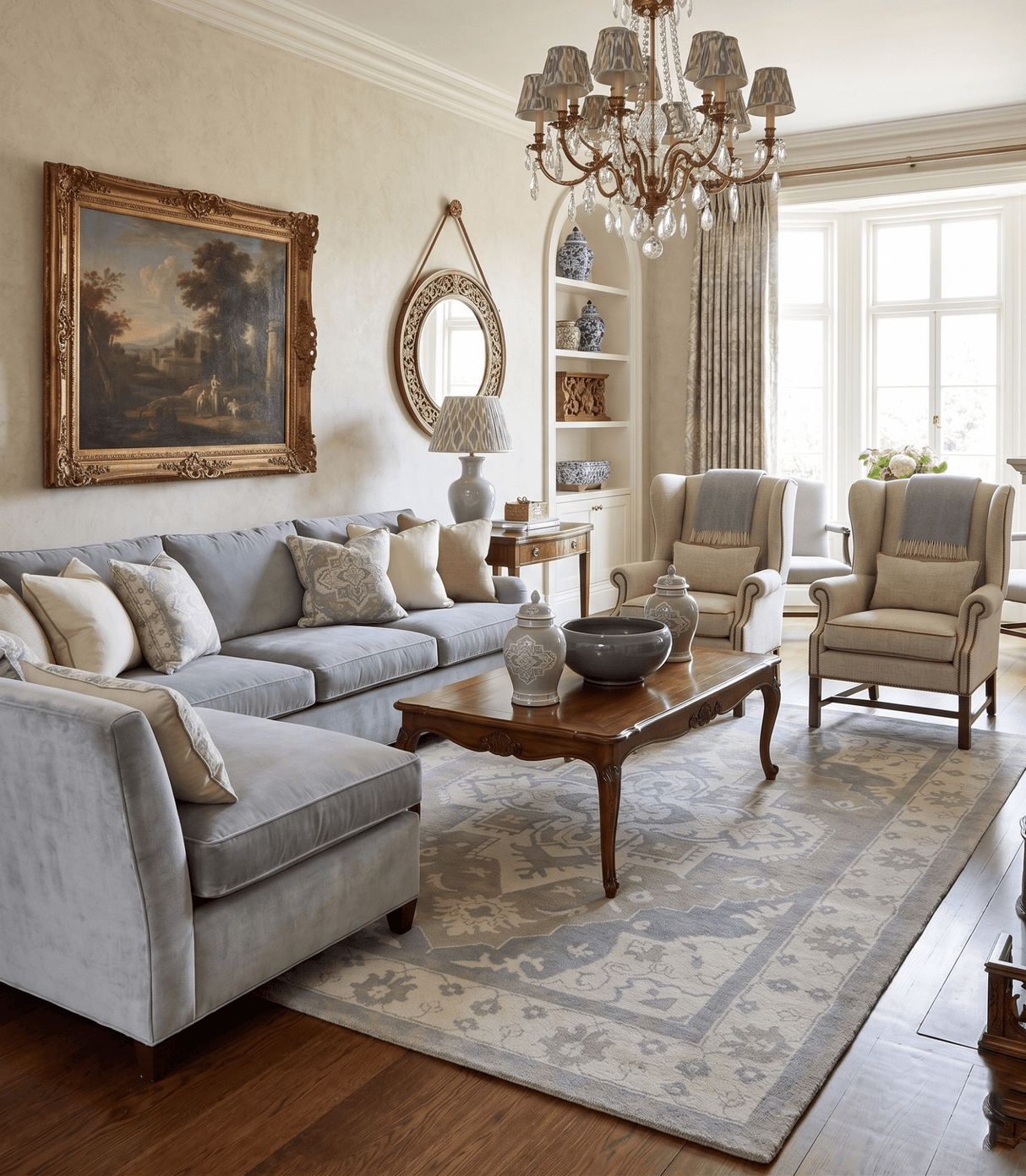 Quick Ship 10x14 Hand Knotted Medallion Beige and Charcoal Wool Area Rug