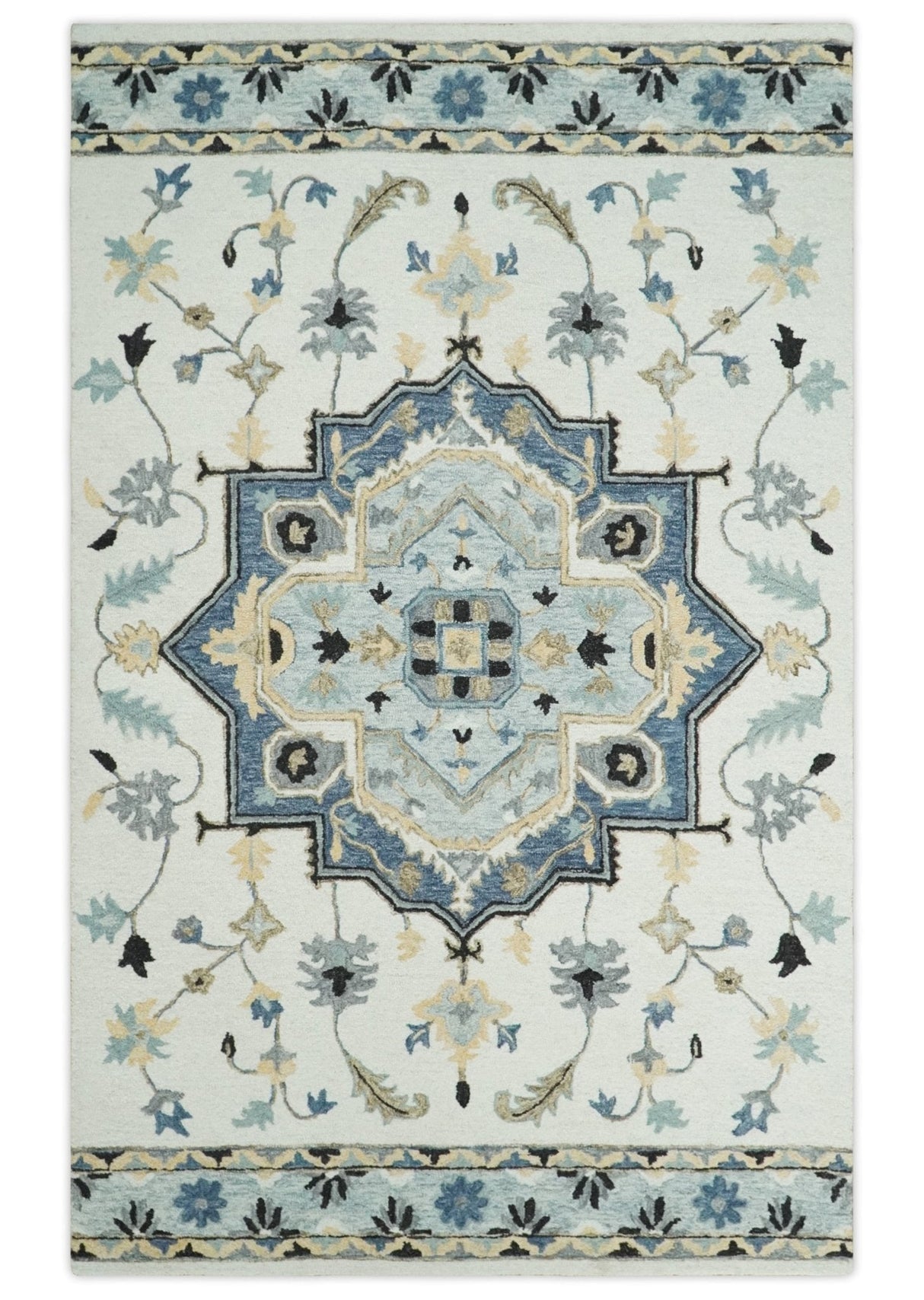 Quick Ship 5x8 Ivory And Blue Medallion Design Hand Tufted Wool Rug