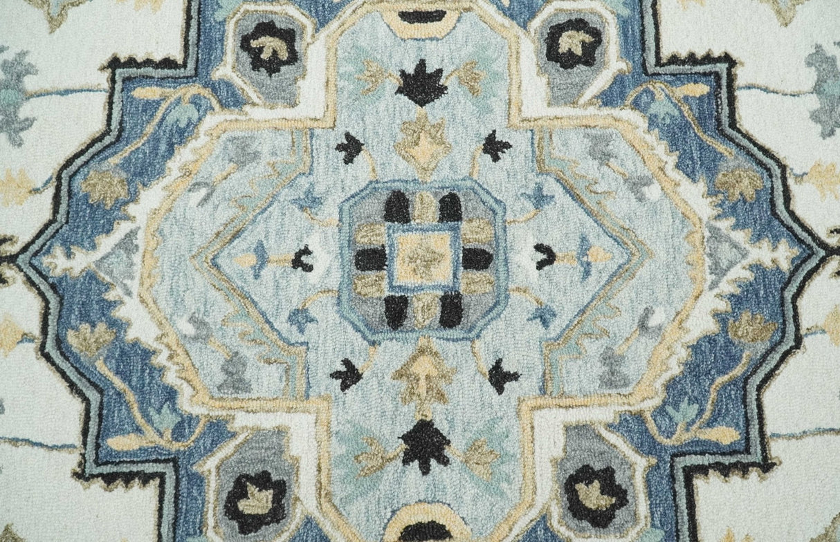 Quick Ship 5x8 Ivory And Blue Medallion Design Hand Tufted Wool Rug