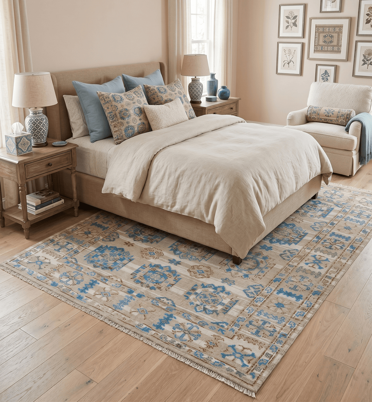 Quick Ship Beige And Blue Transitional Hand Knotted 8x10 Wool Rug