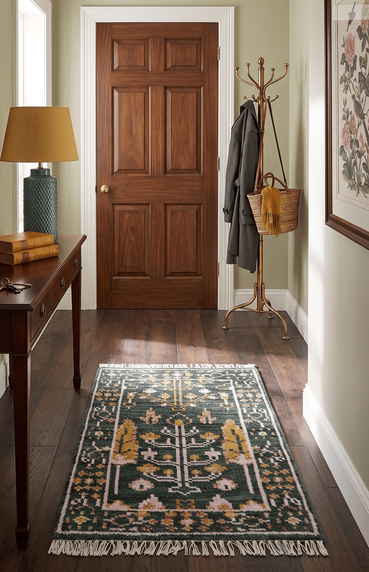 Quick Ship Hand Knotted 2x3 Tree of life Green And Mustard Wool Rug