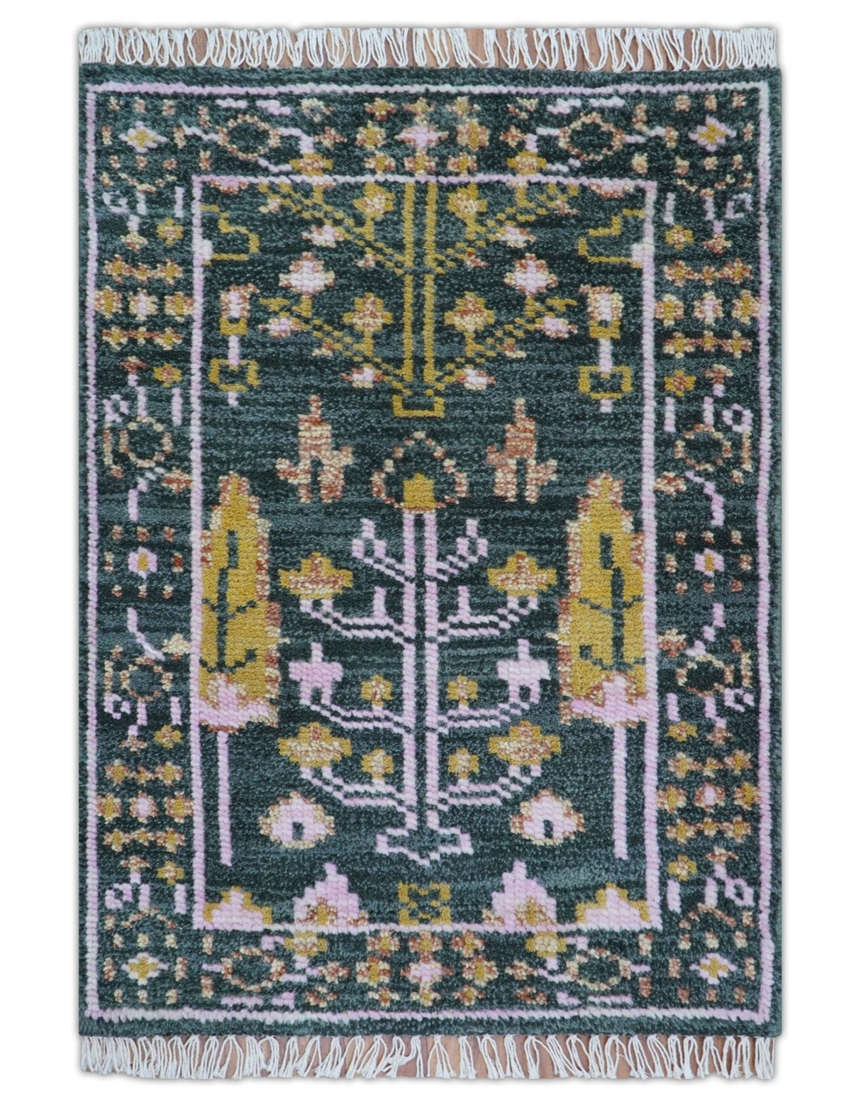 Quick Ship Hand Knotted 2x3 Tree of life Green And Mustard Wool Rug