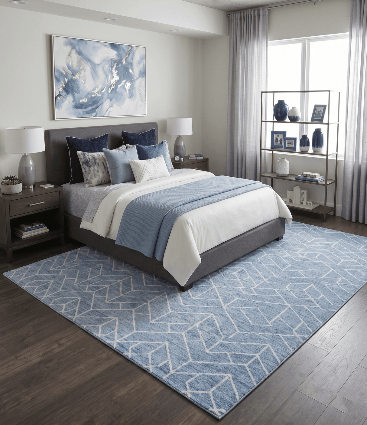 Quick Ship Modern Contemporary Blue And White Hand Tufted 5x8 Wool Rug