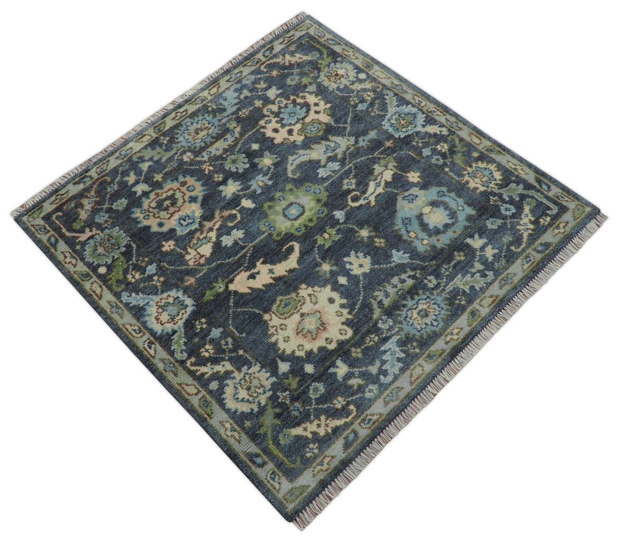 Quick Ship Small 5x5 Traditional Oushak Blue And Beige Hand Knotted Wool Rug