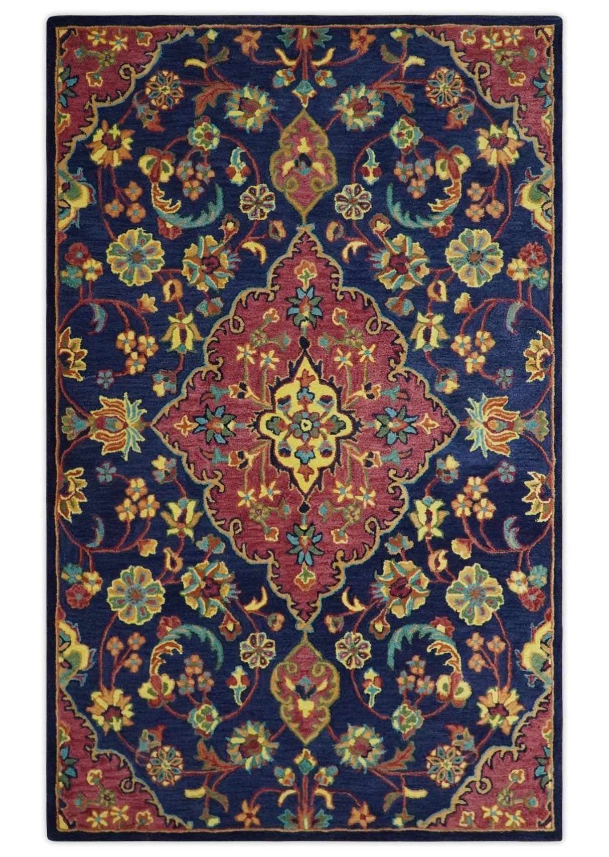 Quick Ship Traditional Design Red And Blue Hand Tufted 5x8 Wool Rug