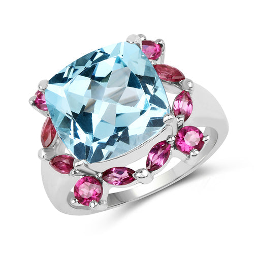 8.19 Carat Genuine Blue Topaz & Rhodolite .925 Sterling Silver Ring