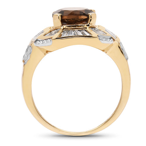 14K Yellow Gold Plated 4.18 Carat Genuine Smoky Quartz & White Topaz .925 Sterling Silver Ring