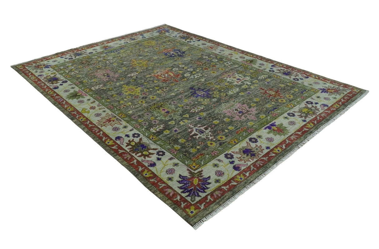 Ready 9x12 Traditional Moss Green and Silver Hand knotted Oushak Wool Area Rug