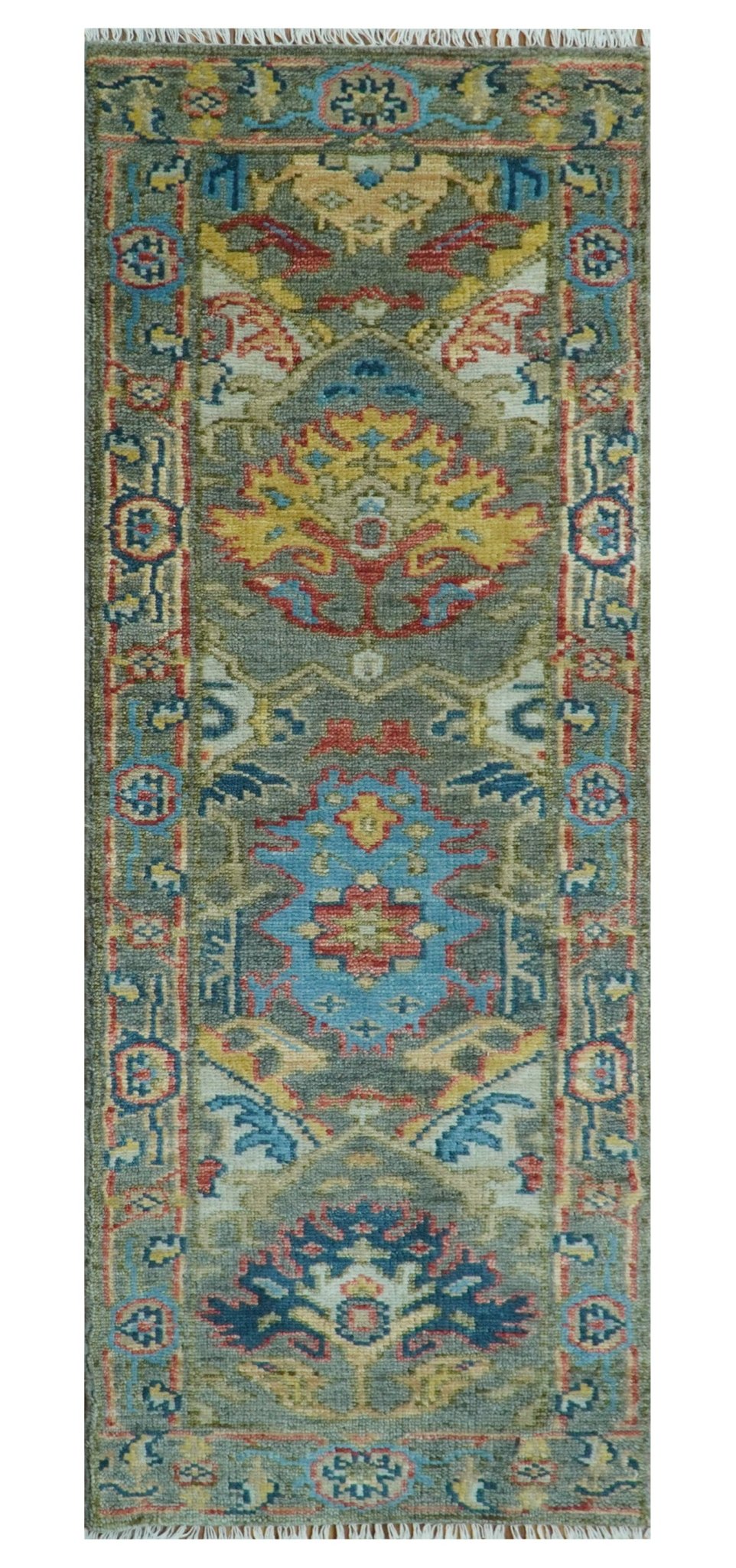 Ready to Ship 2.6x8 Oushak Charcoal and Blue Hand Knotted Wool Area Rug