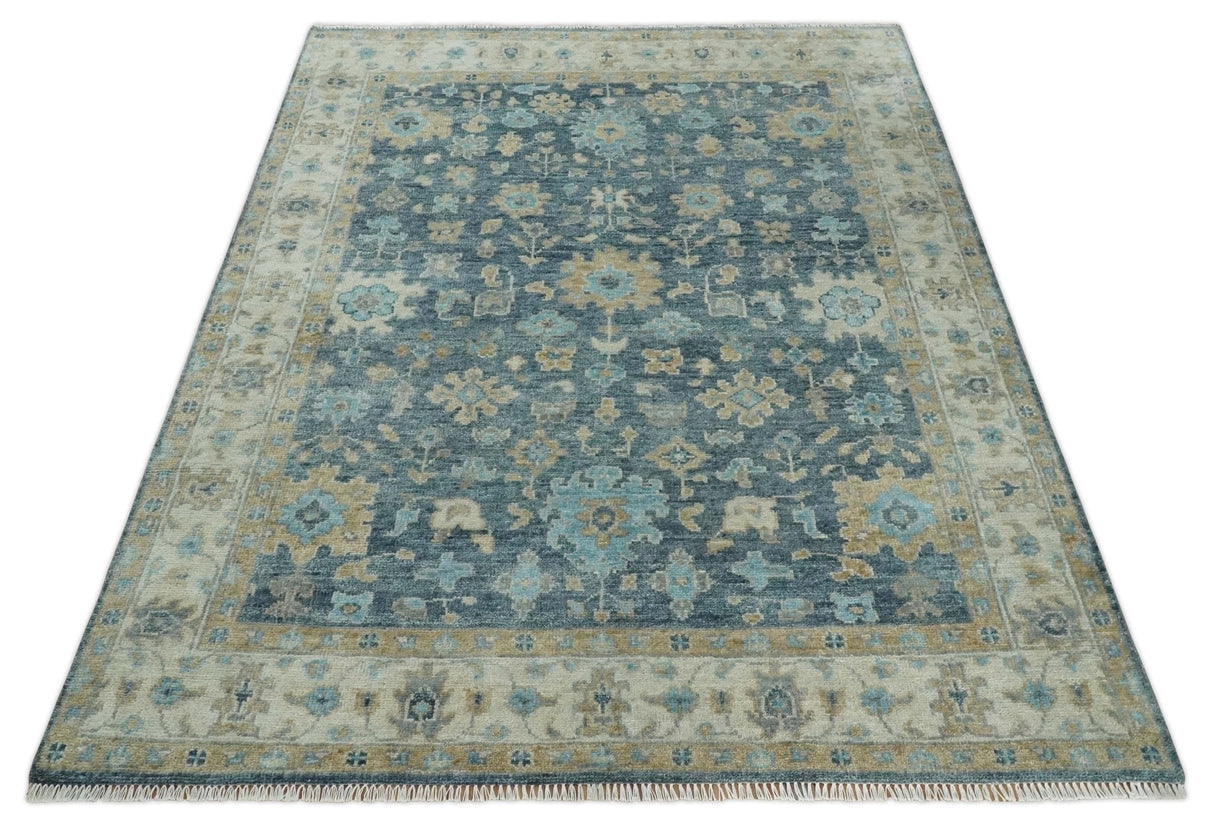 Ready to Ship 4x6 Teal And Beige Hand Knotted Oushak Wool Rug