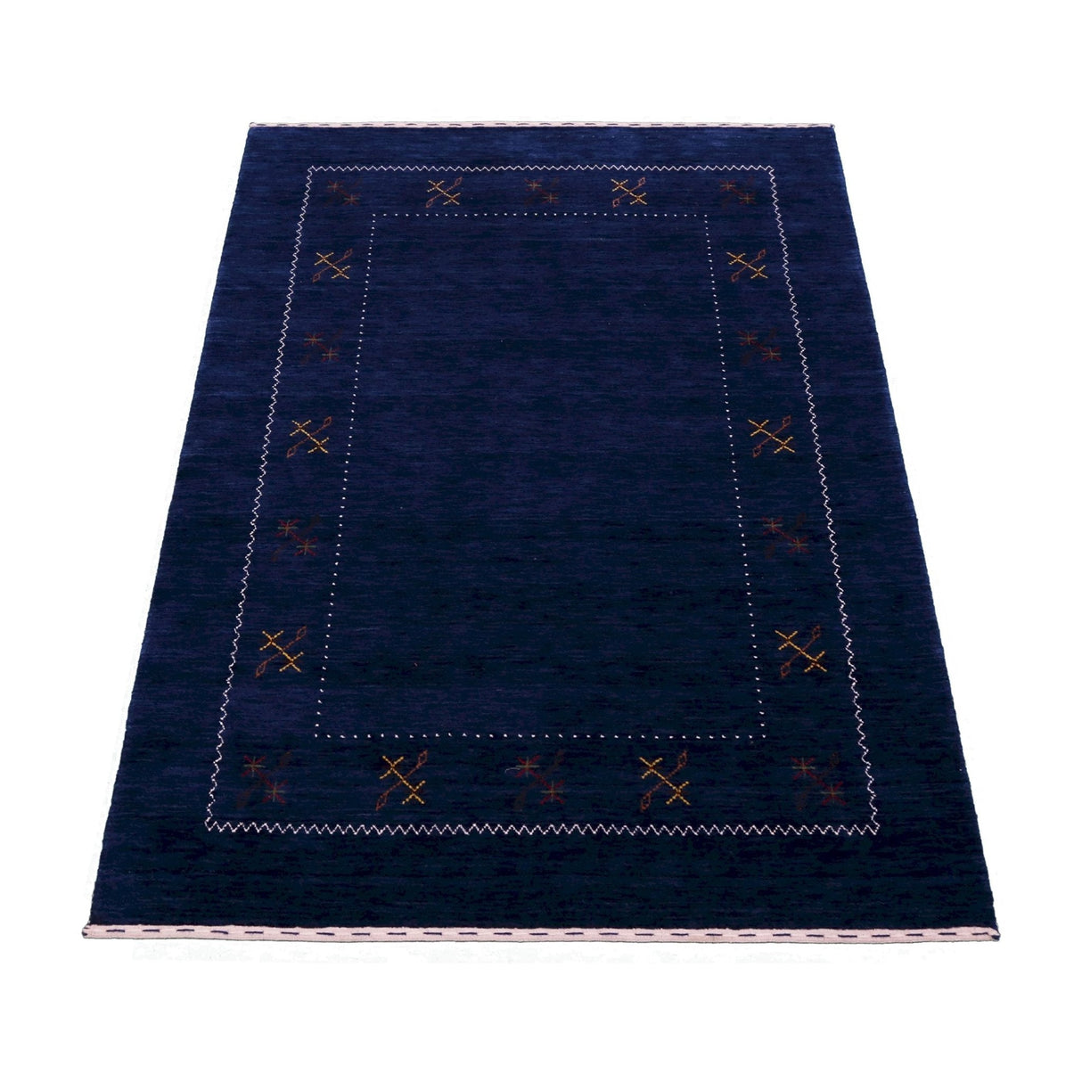 Blue Tribal Border Design Hand Loomed Wool Area Rug