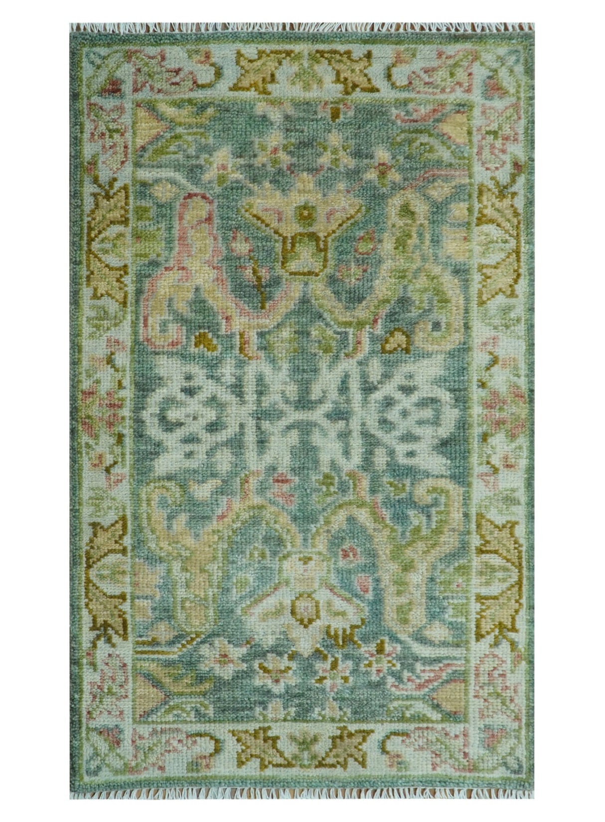 Ready to Ship Green And Gray 3x5 Traditional Hand Knotted Wool Rug