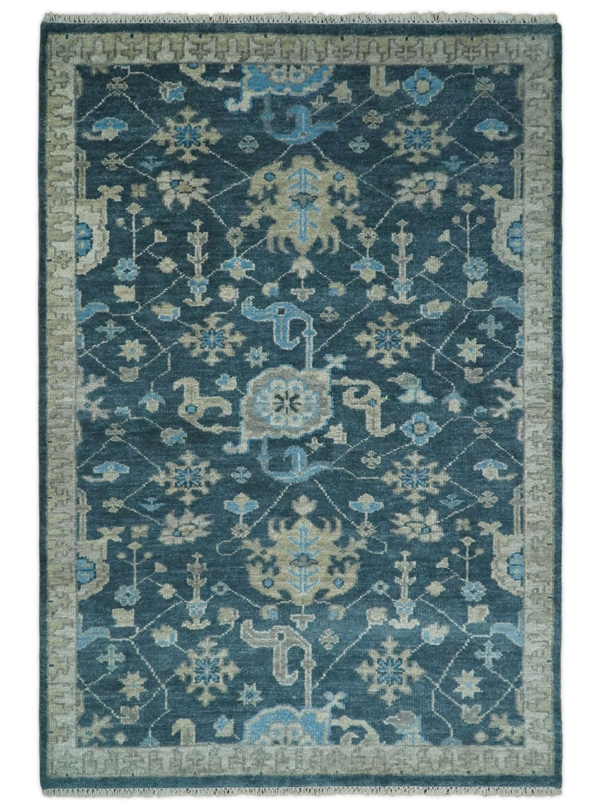 Ready to Ship Hand Knotted Oriental Turkish Oushak Blue and Camel Wool Area Rug