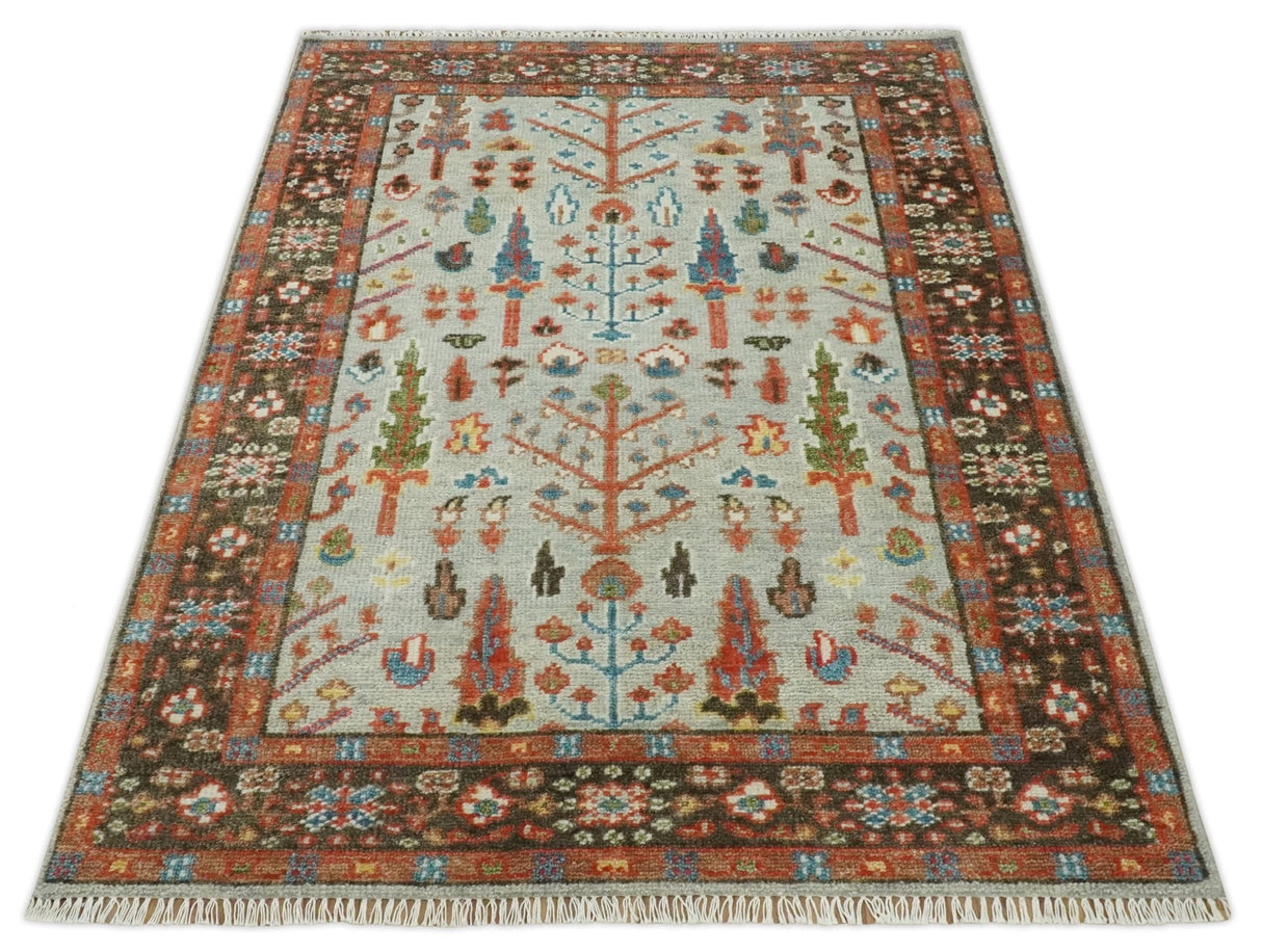 Ready to Ship Silver And Brown Tree of Life Hand Knotted 5x8 Wool Rug