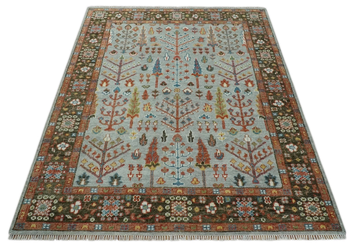 Ready to Ship Silver And Brown Tree of Life Hand Knotted 6x9 Wool Rug