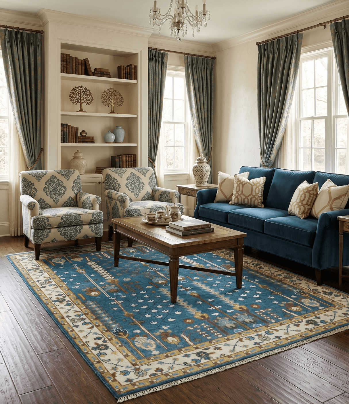Ready to Ship Tree of Life Traditional Hand Knotted 8x10 Teal Blue and Ivory Wool Area Rug