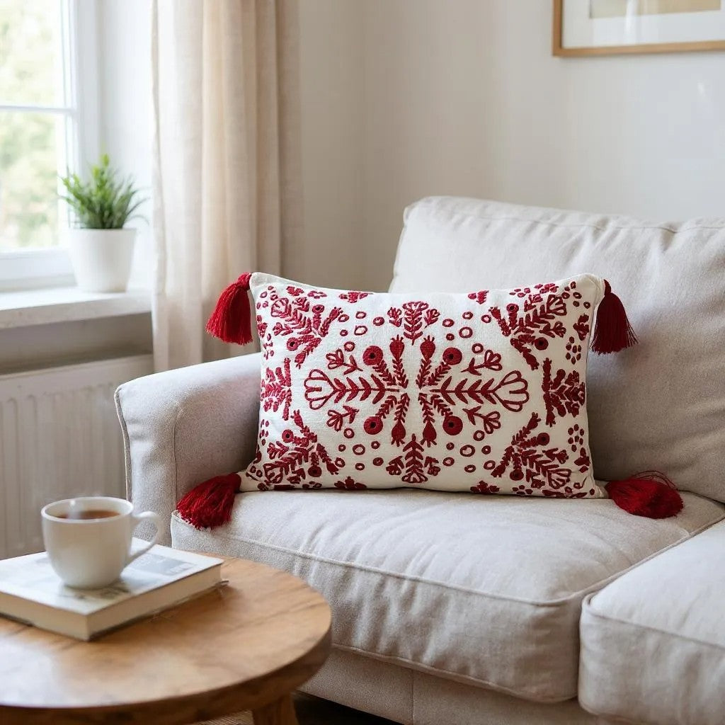 Red-&-White-Embroidered-Throw-Pillow-with-Tassels--Handcrafted-Elegance-for-Your-Home-Throw-Pillow