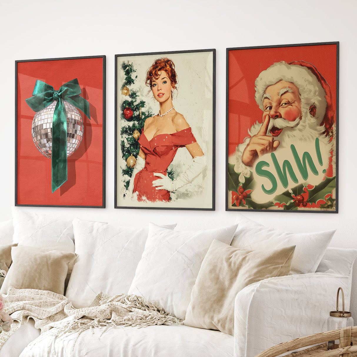 Retro Holiday 3 Piece Wall Art: Santa, Pin-Up Girl, Disco Ball
