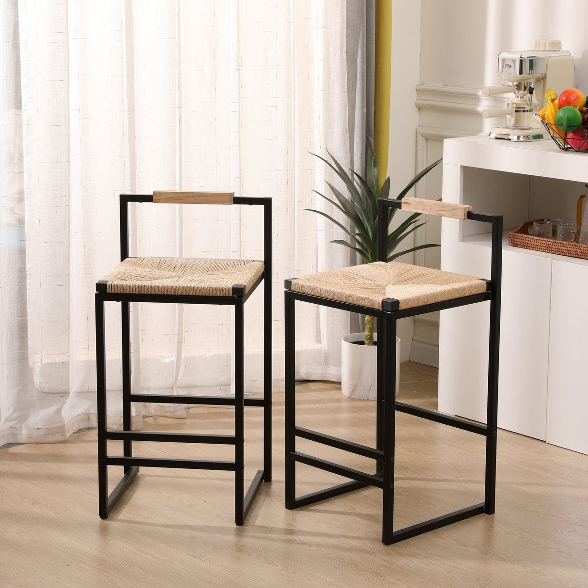 Rope Woven Bar Stool with Low Back and Metal Base, Set of 2 - Bar Stools