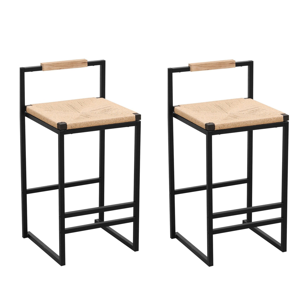 Rope-Woven-Bar-Stool-with-Low-Back-and-Metal-Base,-Set-of-2-Bar-Stools
