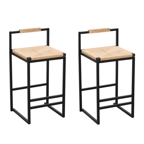 Rope-Woven-Bar-Stool-with-Low-Back-and-Metal-Base,-Set-of-2-Bar-Stools