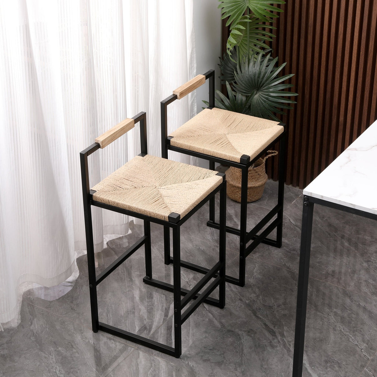 Rope Woven Bar Stool with Low Back and Metal Base, Set of 2 - Bar Stools