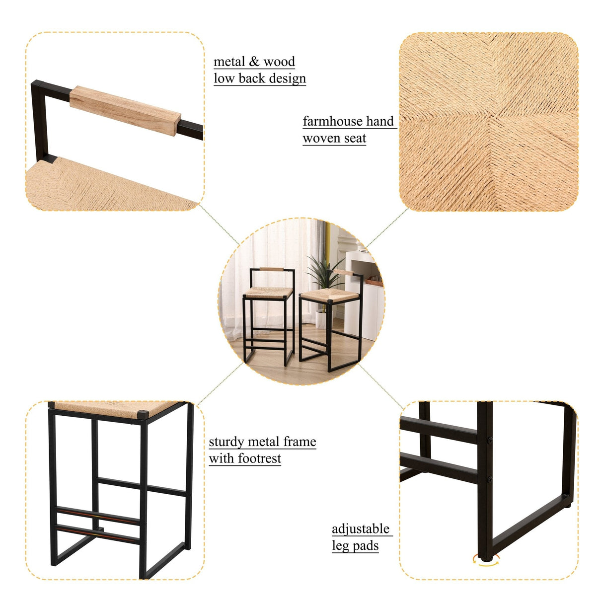 Rope Woven Bar Stool with Low Back and Metal Base, Set of 2 - Bar Stools