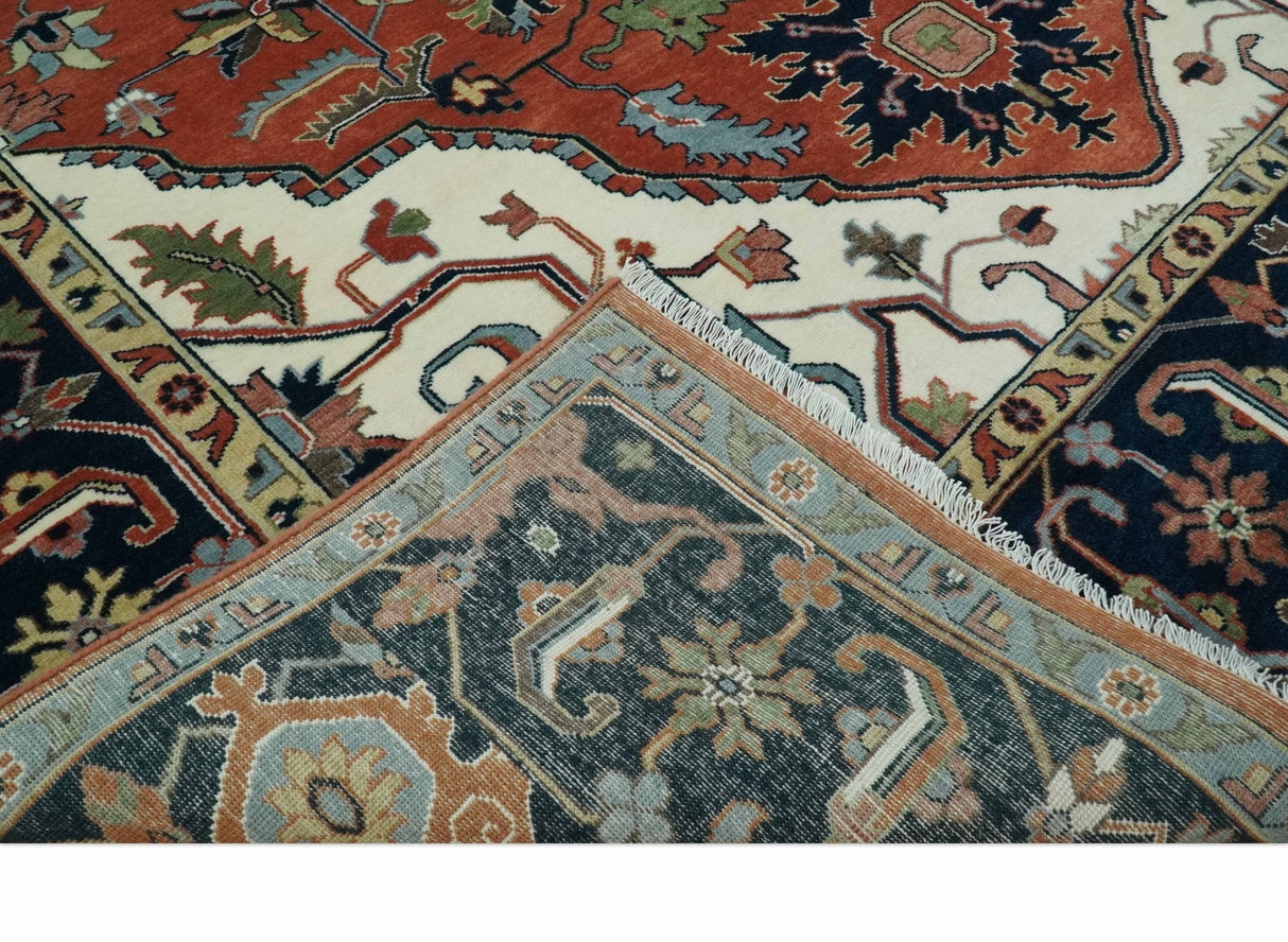 Rust, Ivory and Blue Fine Hand Knotted Traditional Heriz 9x12 wool area rug
