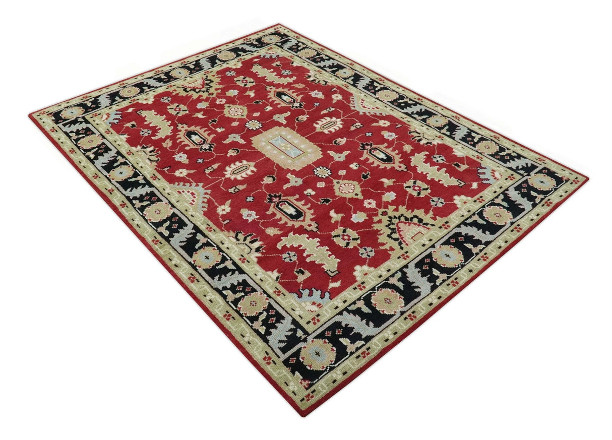 Rust, Olive and Black 8x10 Hand Knotted Traditional Oriental Wool Area Rug