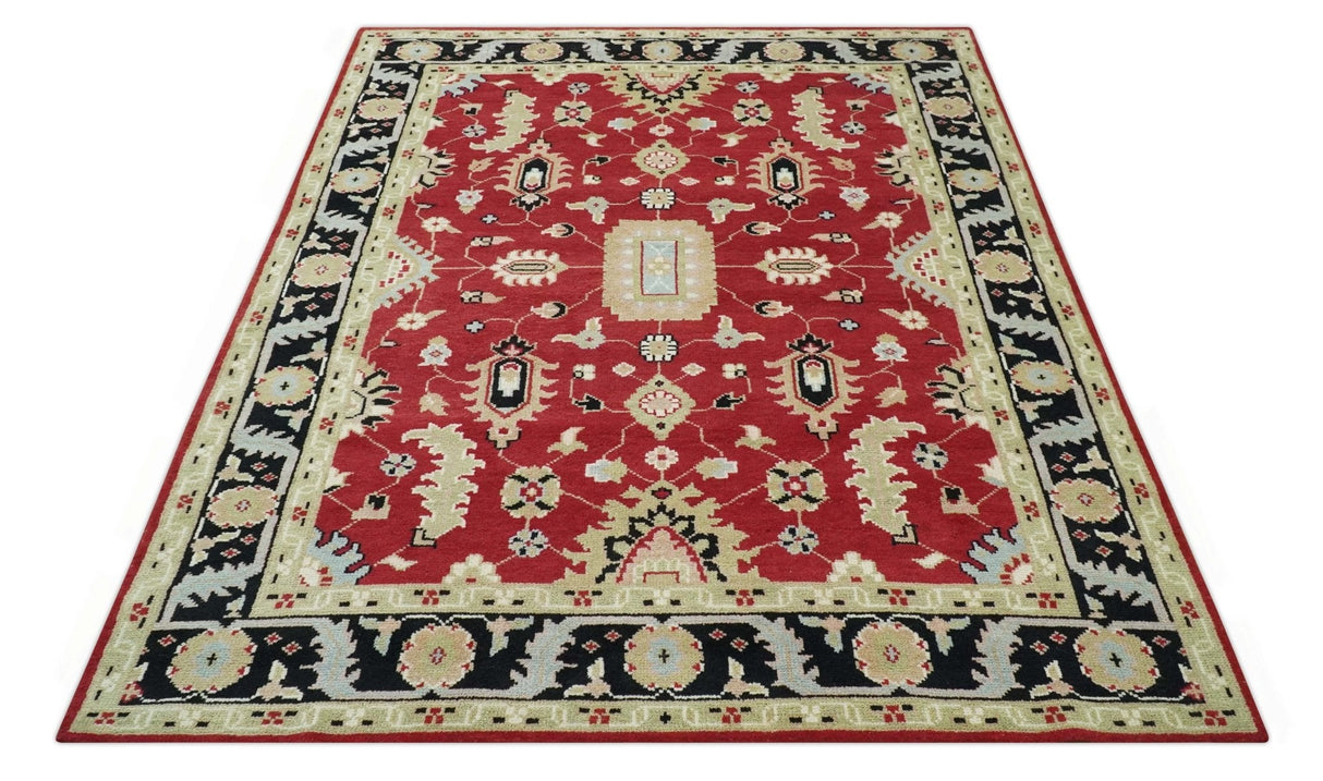 Rust, Olive and Black 8x10 Hand Knotted Traditional Oriental Wool Area Rug