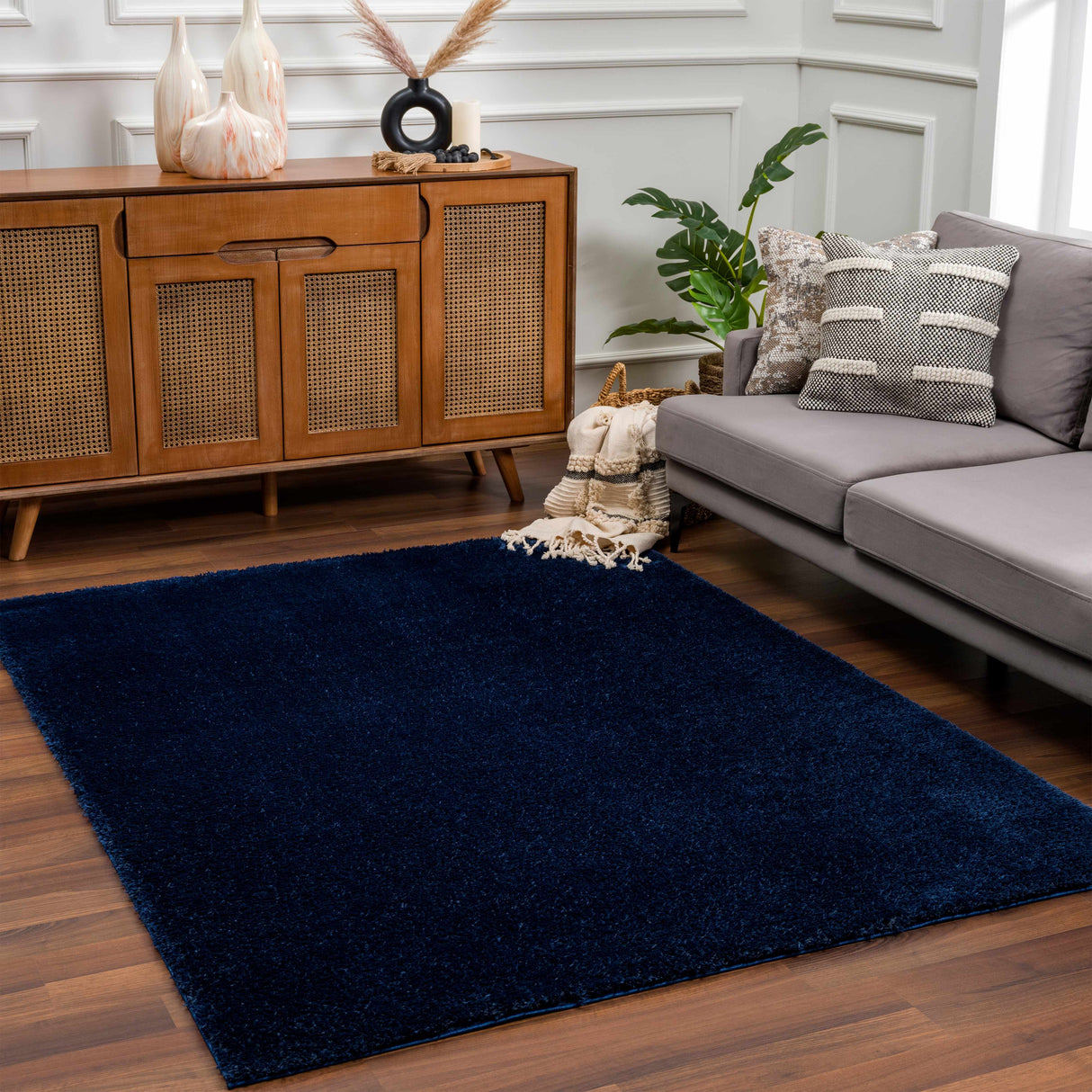 Navero Dark Blue Subtle Wavy Abstract Modern Minimalist Polyester Machine Woven Area Rug - Clearance