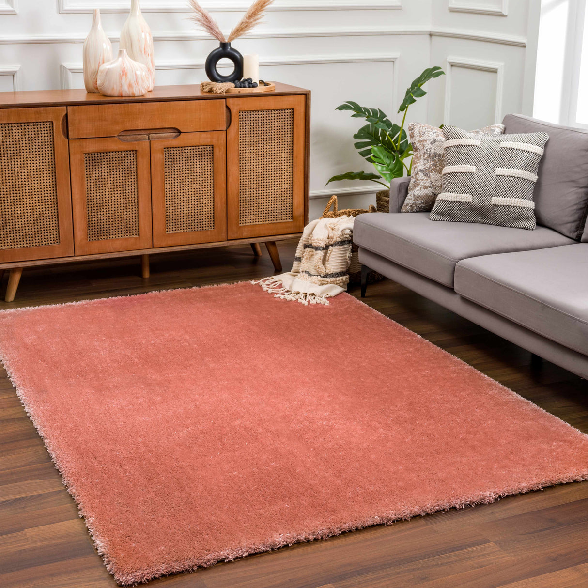 Rosava Dusty Pink Subtle Wavy Abstract Modern Minimalist Polyester Machine Woven Area Rug - Clearance