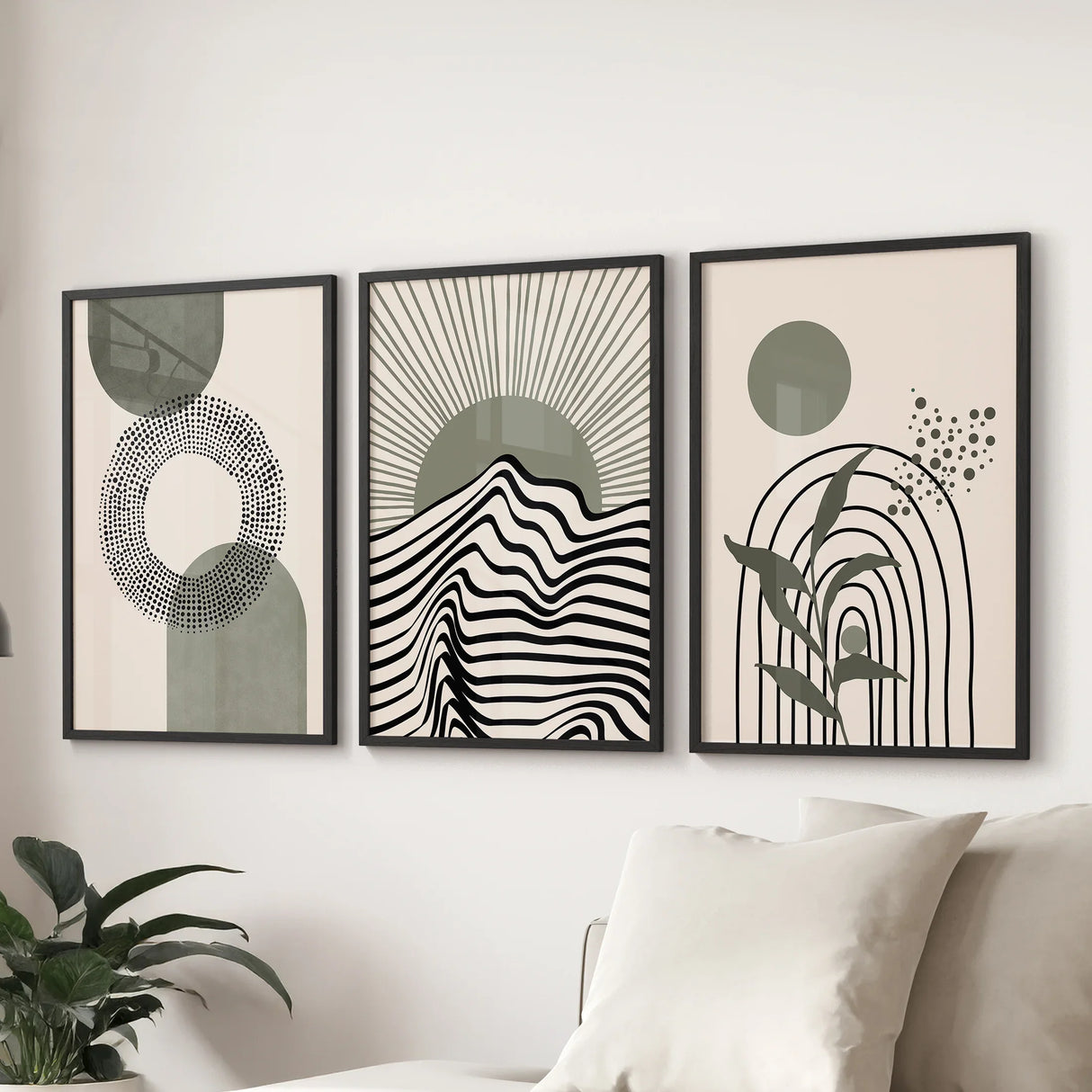 Boho Sage Green 3 Piece Wall Art. Mid-Century Art Prints for Living Room