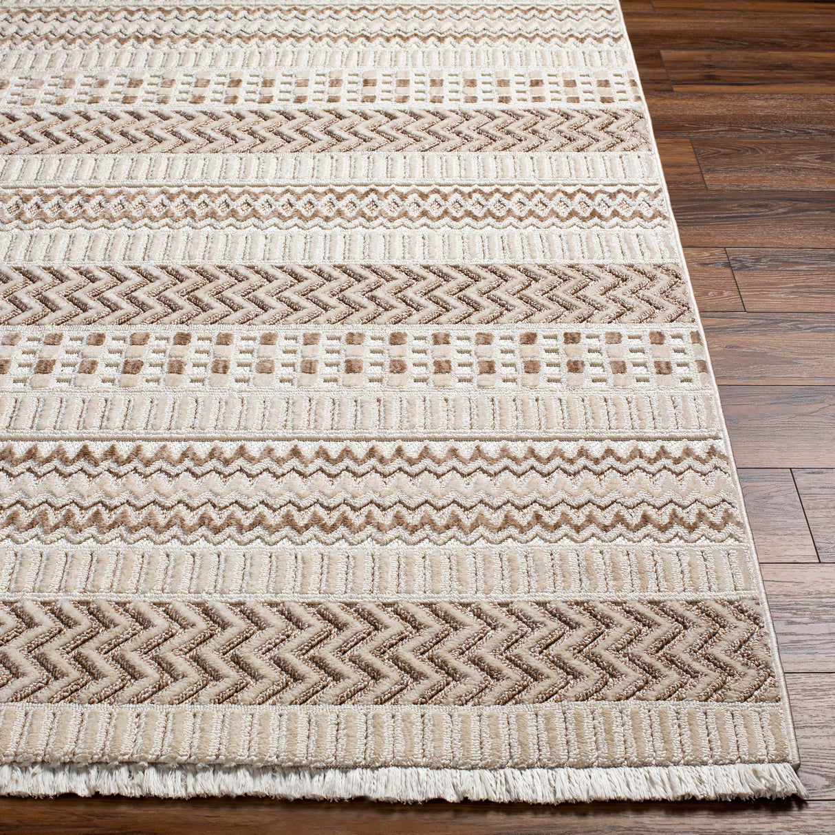 Eiko Beige Textured Saxony Rug with Fringes - Clearance