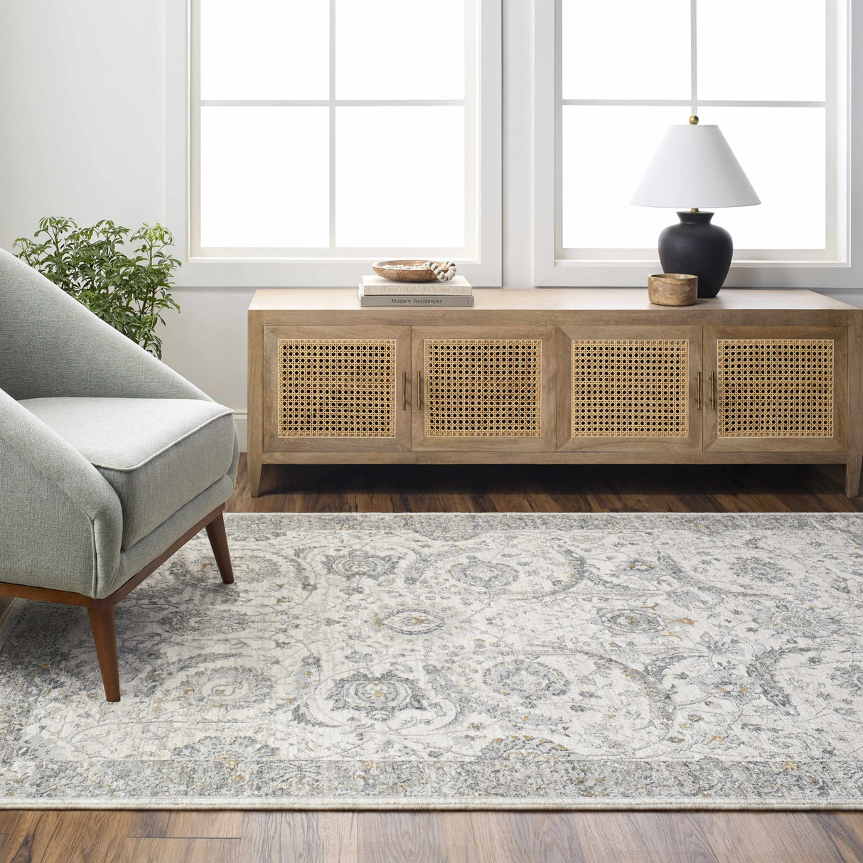 Gauge Cream & Gray Blue Rug with Fringes