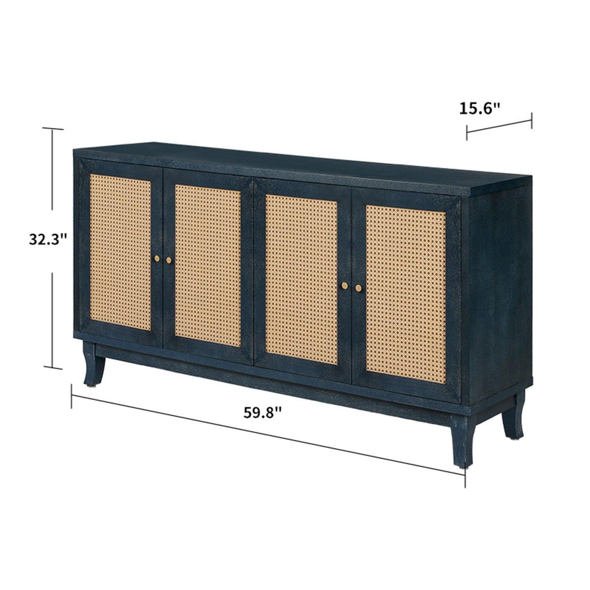 Sideboard with 4 Rattan Doors and Adjustable Shelves, Navy Blue - Buffets & Sideboards