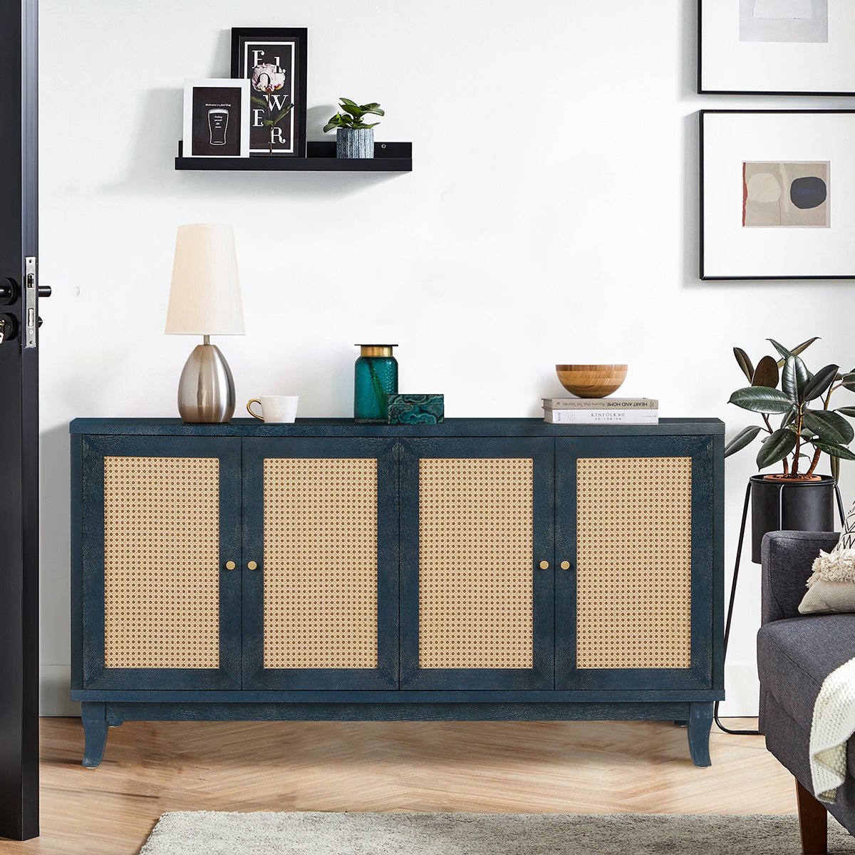 Sideboard with 4 Rattan Doors and Adjustable Shelves, Navy Blue - Buffets & Sideboards