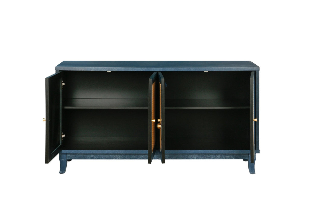 Sideboard with 4 Rattan Doors and Adjustable Shelves, Navy Blue - Buffets & Sideboards