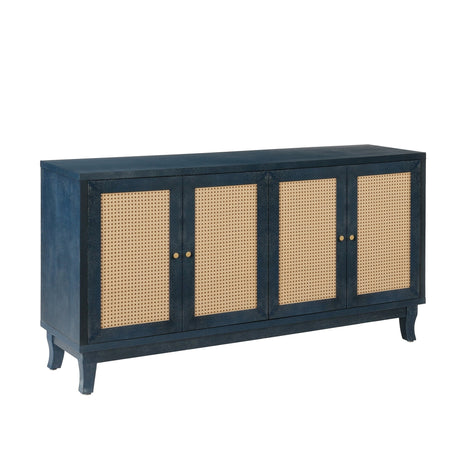 Sideboard-with-4-Rattan-Doors-and-Adjustable-Shelves,-Navy-Blue-Buffets-&-Sideboards
