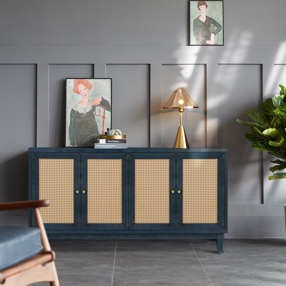 Sideboard with 4 Rattan Doors and Adjustable Shelves, Navy Blue - Buffets & Sideboards